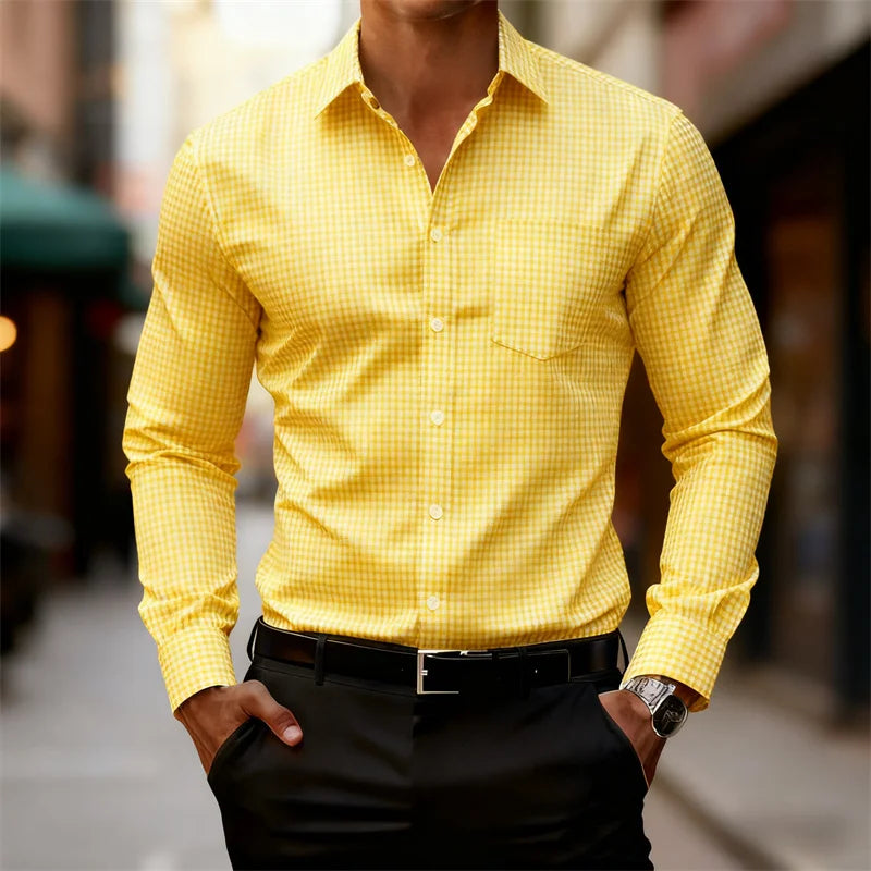 2025 Chemise à manches longues à carreaux fins bleu et blanc pour hommes d'affaires décontractée, coupe ajustée, chemise élégante pour hommes, disponible en 11 couleurs
