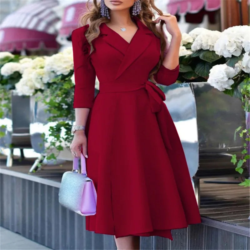 Robe à la taille pour femmes, col en v, bretelles, manches mi-longues, tempérament, robe de banlieue, nouvelle collection