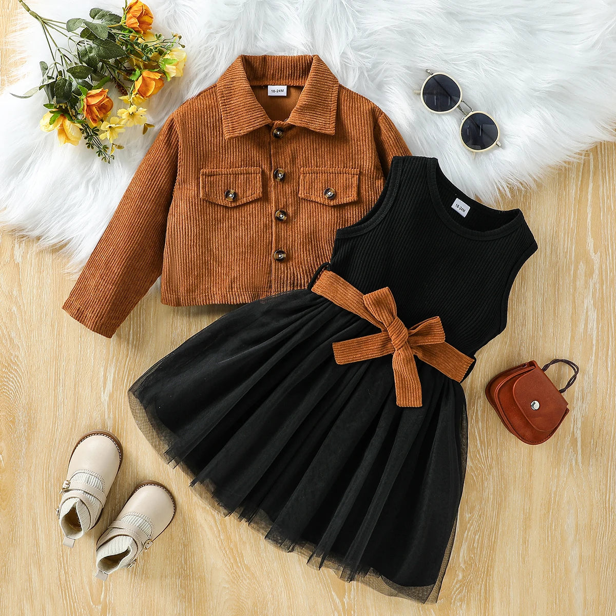 Ensemble de tenue d'automne/hiver pour filles, robe à manches longues, veste solide, manteau, vêtements pour enfants de 1 à 6 ans, costume actif