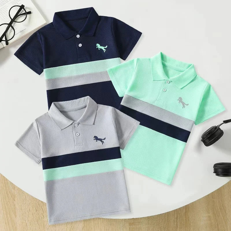 Ensemble de 1/2/3 pièces pour enfants, POLO rayé multicolore à manches courtes, haut décontracté à col boutonné pour garçon, T-shirt de sport polyvalent