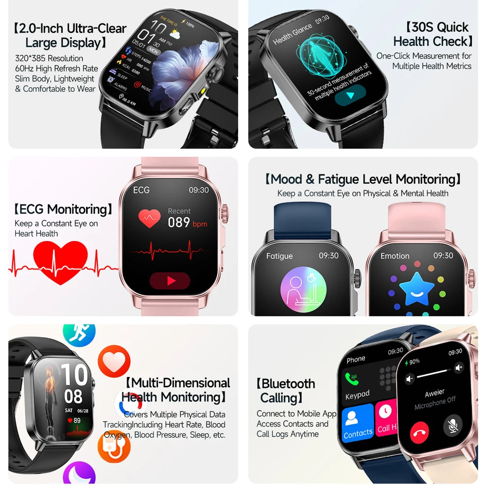 Montre connectée pour hommes et femmes, nouveau modèle d'analyse de la santé des acides uriques et des lipides, ECG + PPG, appel Bluetooth, lampe de poche 2026 pouces, 2.021