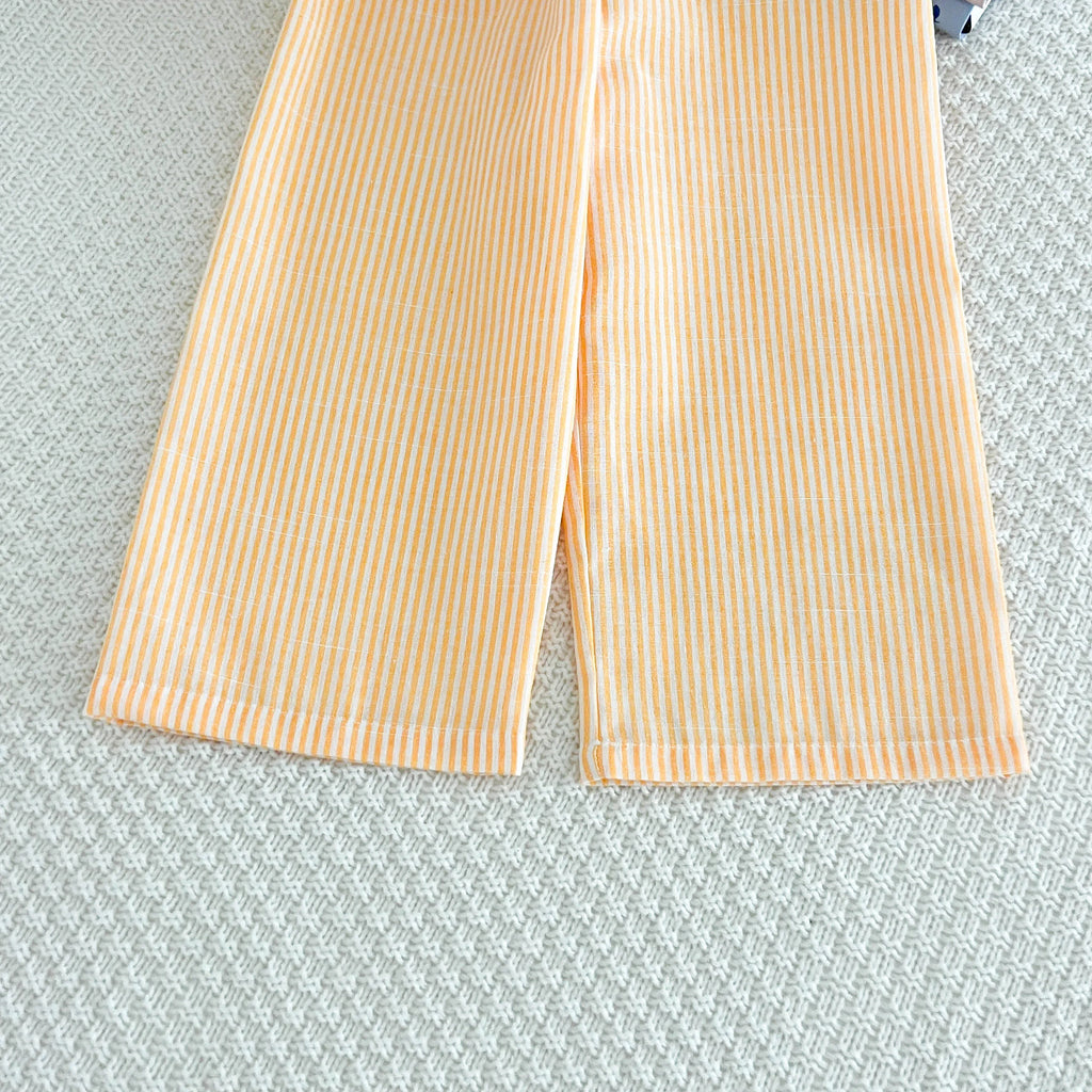 Costumes d'été pour filles, ensemble deux pièces sans manches avec nœud à rayures verticales bleues, haut + pantalon, vêtements doux pour enfants