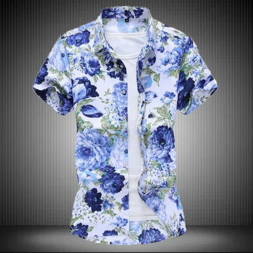 Chemise imprimée pour hommes, chemises de plage à manches courtes col carré simple boutonnage noir violet Camisa taille asiatique M-7XL