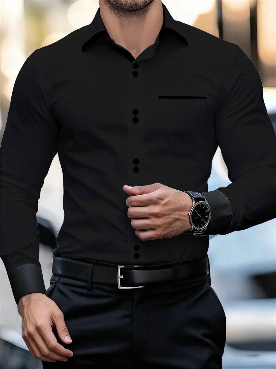 Chemise à manches longues à col bloc de couleur pour hommes d'affaires, coupe ajustée, sans plis, chemise Patchwork noir et blanc, haut tendance pour hommes