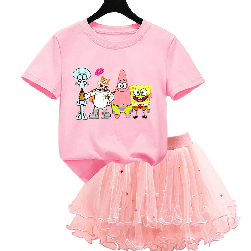 Robe Bob l'éponge pour filles, vêtements d'anniversaire pour enfants, robe de princesse de fête, T-shirt + jupe Tutu, cadeau de soirée d'été, 2 pièces/ensemble