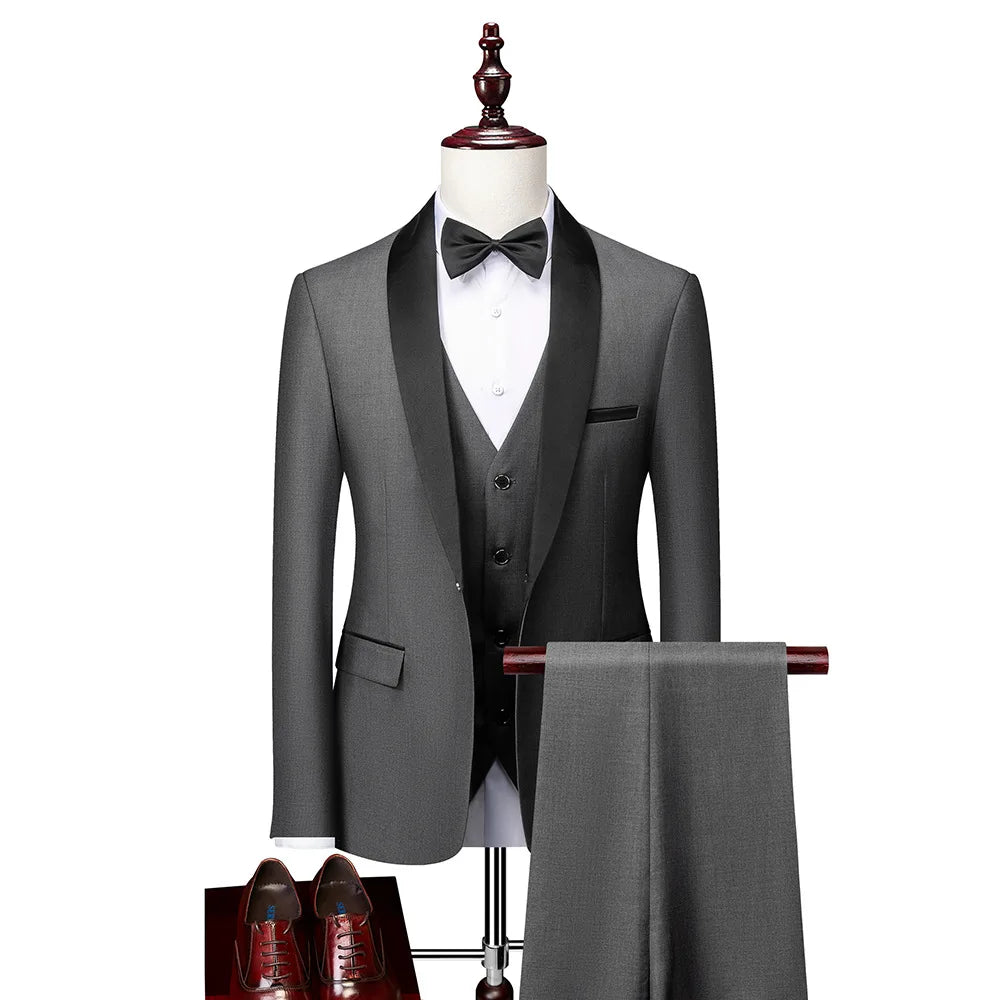 Ensemble de costume noir à revers pour hommes, manteau, gilet, pantalon/affaires pour garçons d'honneur, robe de mariée, pantalon Blazer Fprmal