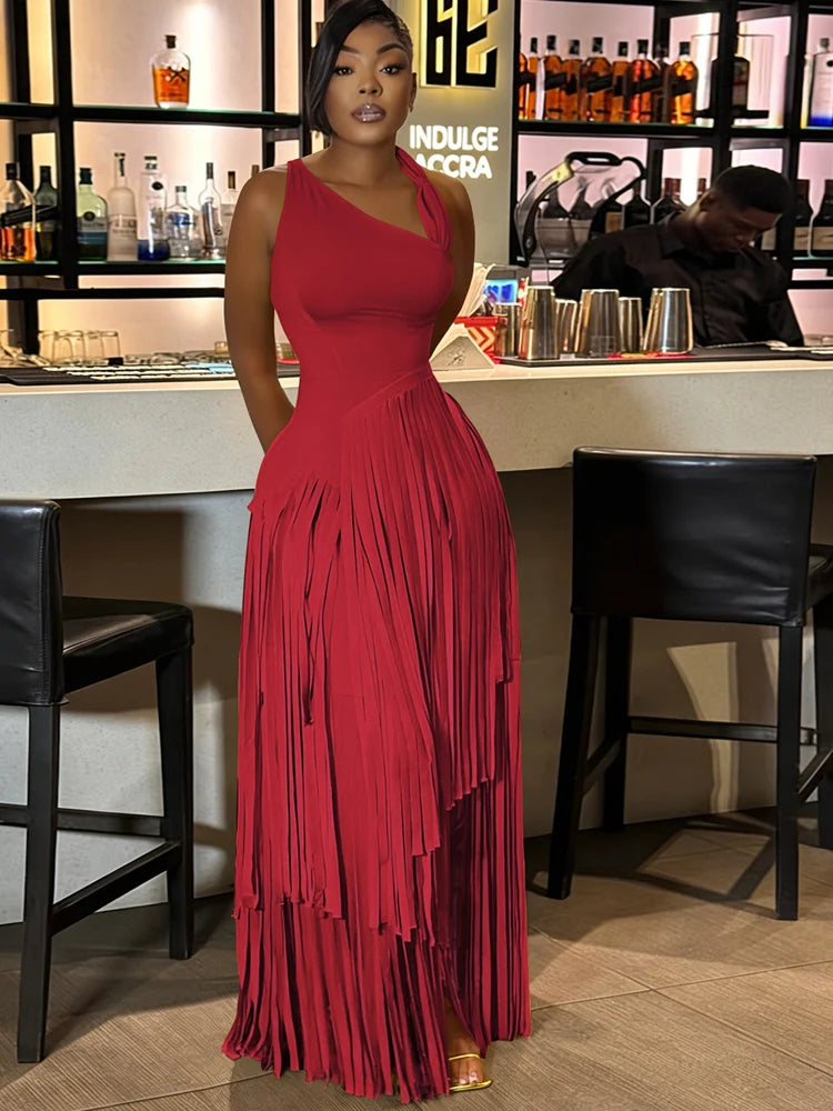 Robe longue asymétrique rouge à franges Kricessen pour femme – Luxe, sans manches, idéale pour les soirées, clubs et sorties nocturnes
