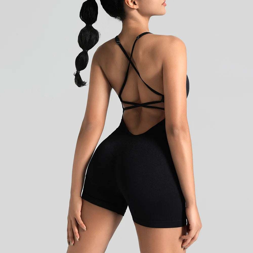 Ensemble de sport moulant sans couture une pièce avec legging de yoga et brassière dos nu sexy pour amincir les hanches et le fitness