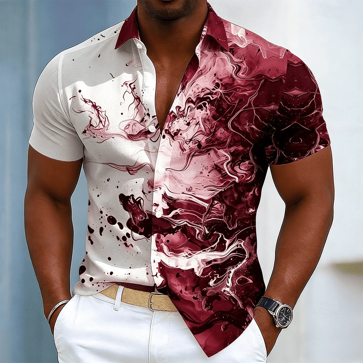 Chemise à manches courtes pour homme avec imprimé encre tourbillonnante, motif abstrait fluide décontracté à boutons pour le printemps et l'été