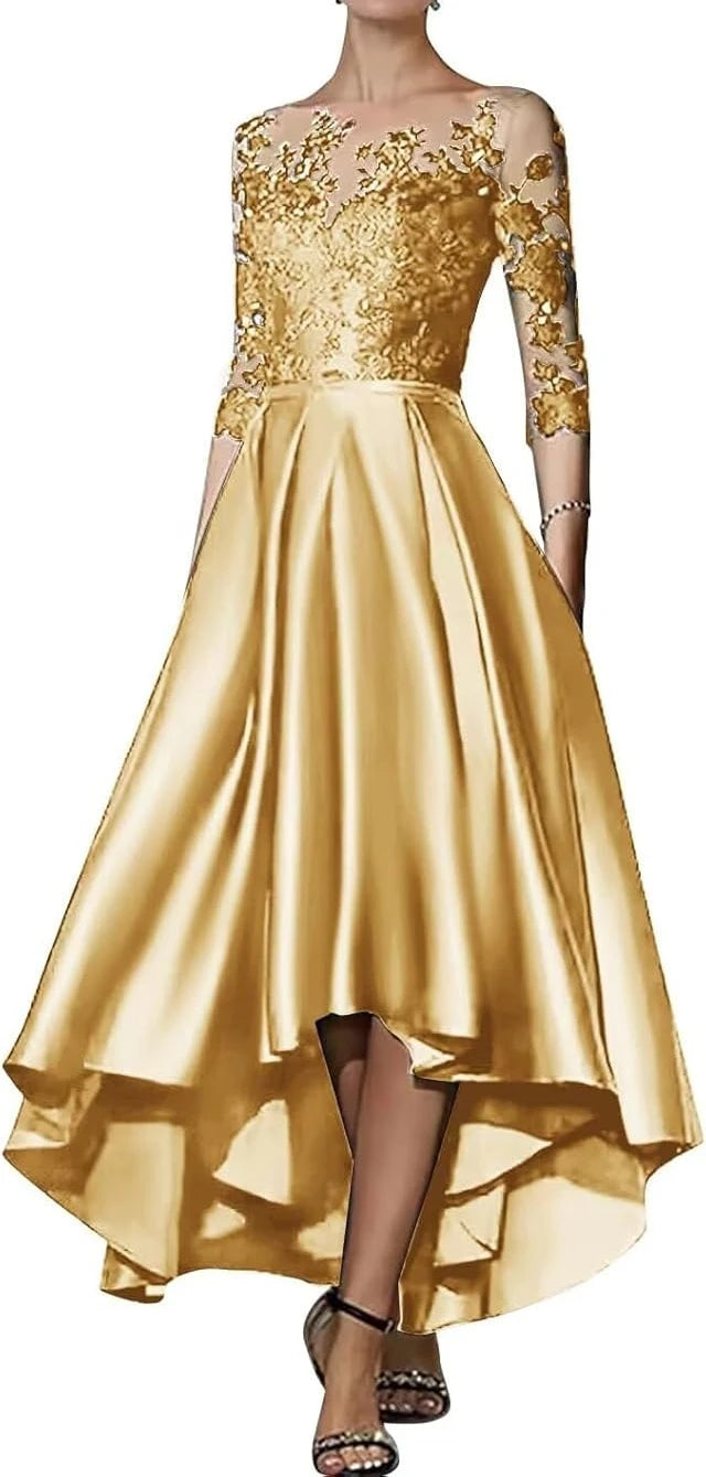 Robe en satin à col en V pour mère de la mariée, robe trapèze élégante longueur thé, devant court, dos long, invité de mariage