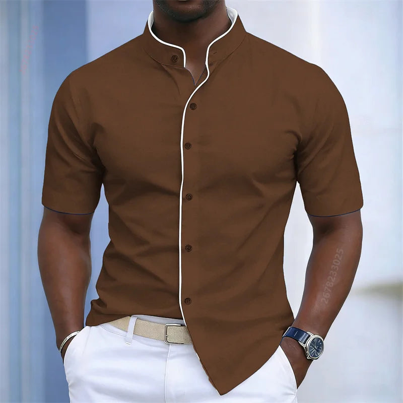 Chemise d'été pour homme à col montant et manches courtes, 20 couleurs, design color block tendance, coupe ajustée, chemise décontractée pour affaires, tailles XS-6XL