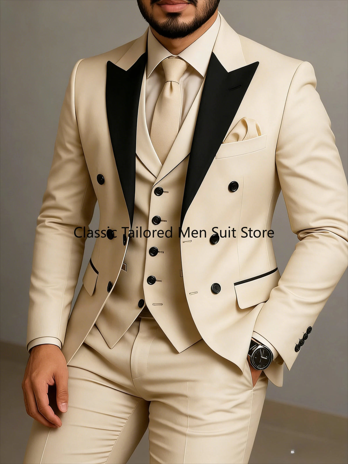 Costume beige à double boutonnage, costume de mariage ajusté à revers noir