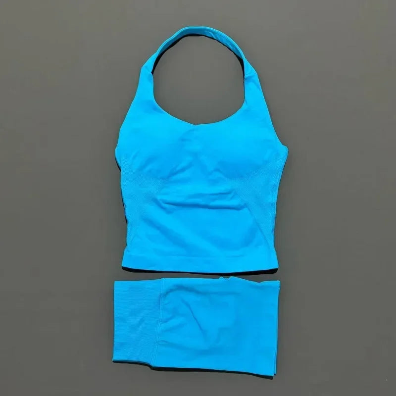 Ensemble de sport 2 pièces pour femme : débardeur long à bretelles rembourré et short de sport sans couture pour le yoga, le fitness et la course à pied
