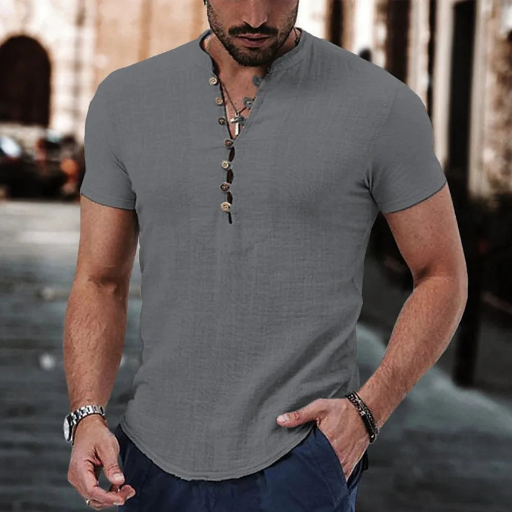 Nouveau t-shirt à manches courtes pour hommes col en V bouton chemise en coton et lin vêtements décontractés pour hommes hauts populaires pour hommes