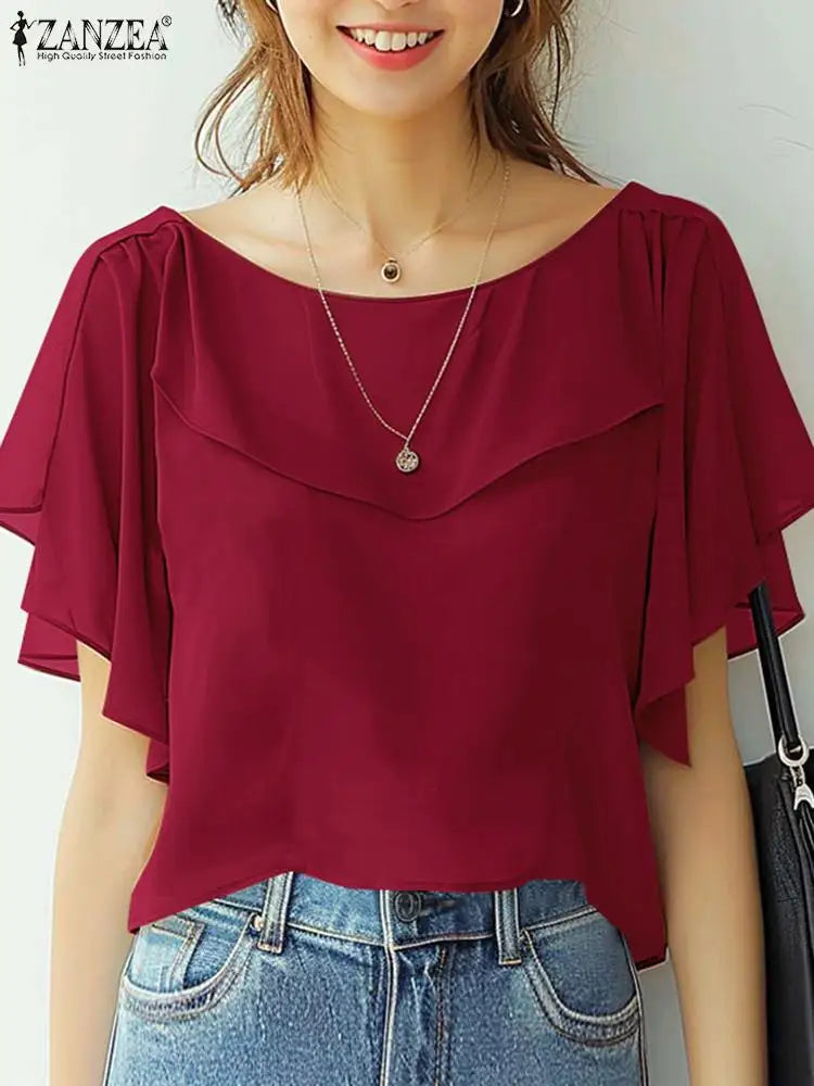 ZANZEA été femmes en mousseline de soie Blouse élégant à volants à manches courtes hauts chemise 2025 mode coréenne tunique décontractée Chic à volants ourlet Blusa