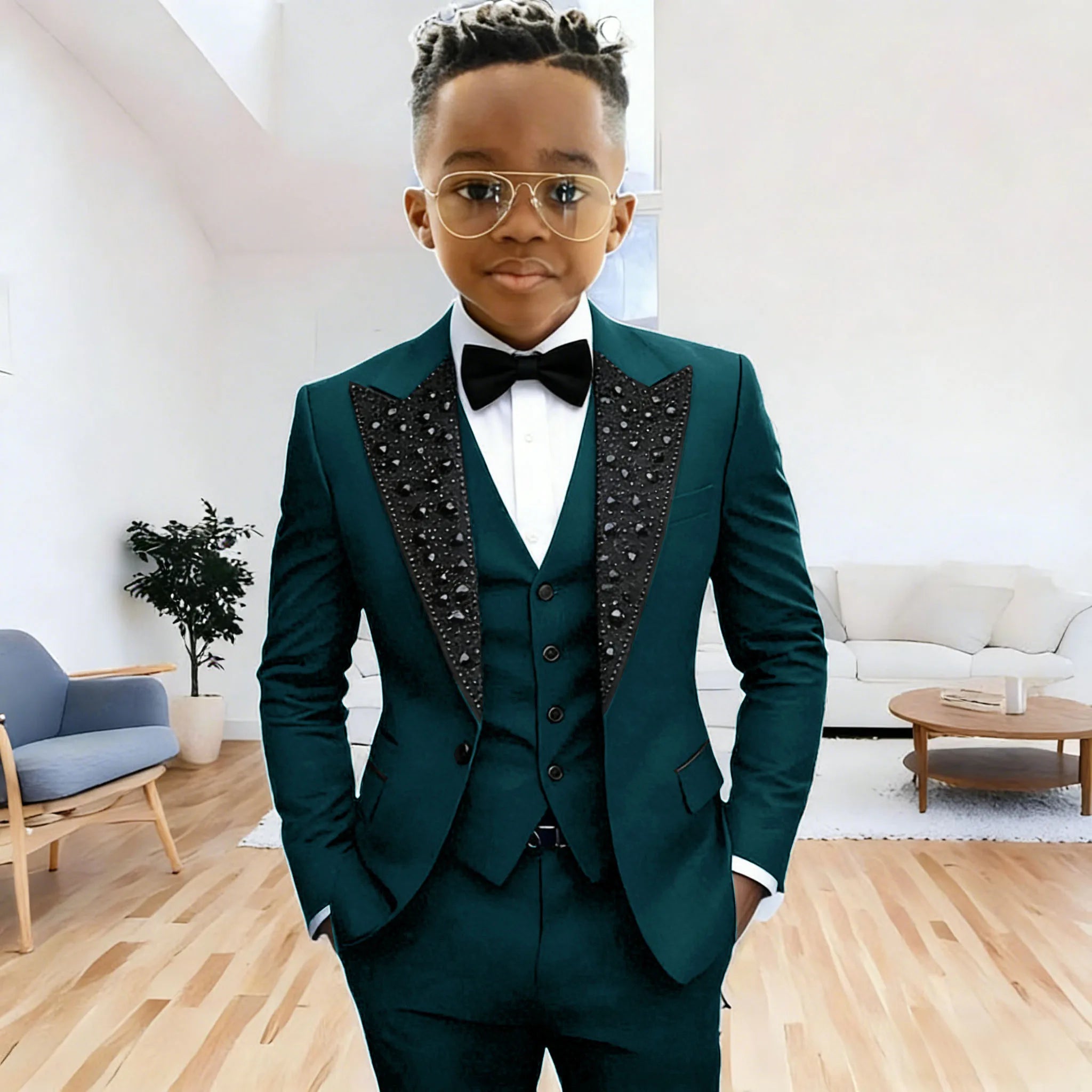 Costume noir pour garçons, smoking de soirée, costume de mariage pour enfants, costume à cristaux perlés, 3 pièces, veste, pantalon, gilet, robe de bal formelle