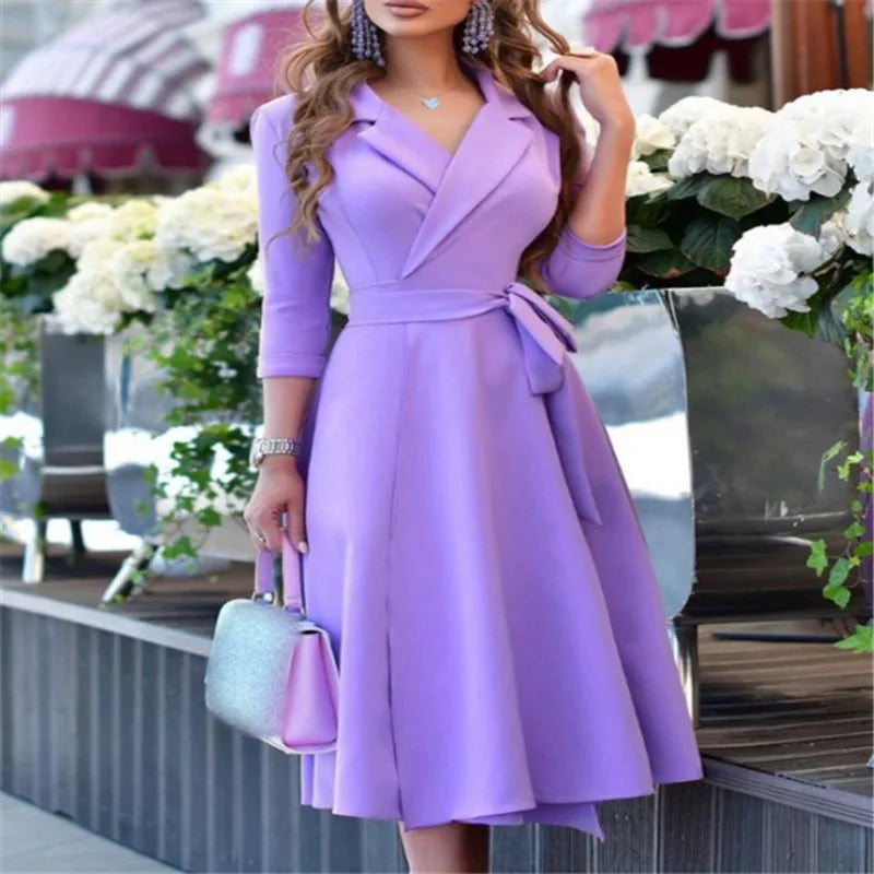 Robe à la taille pour femmes, col en v, bretelles, manches mi-longues, tempérament, robe de banlieue, nouvelle collection