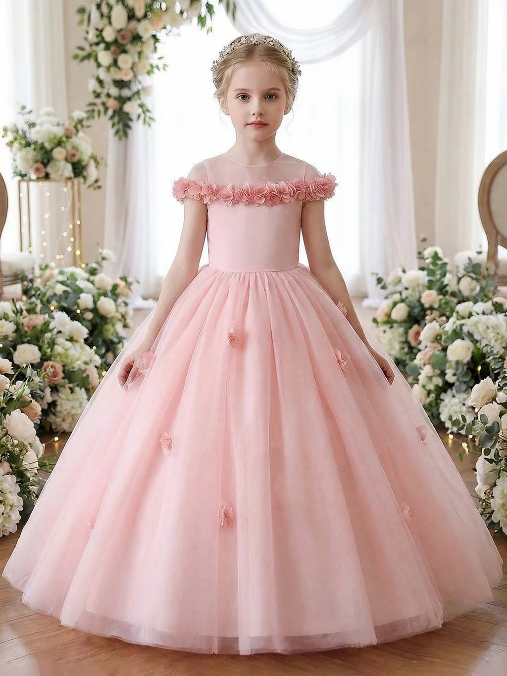 Robe de princesse florale pour adolescentes, ornée de fleurs 3D, confectionnée en tulle luxueux, idéale pour les fêtes et les mariages