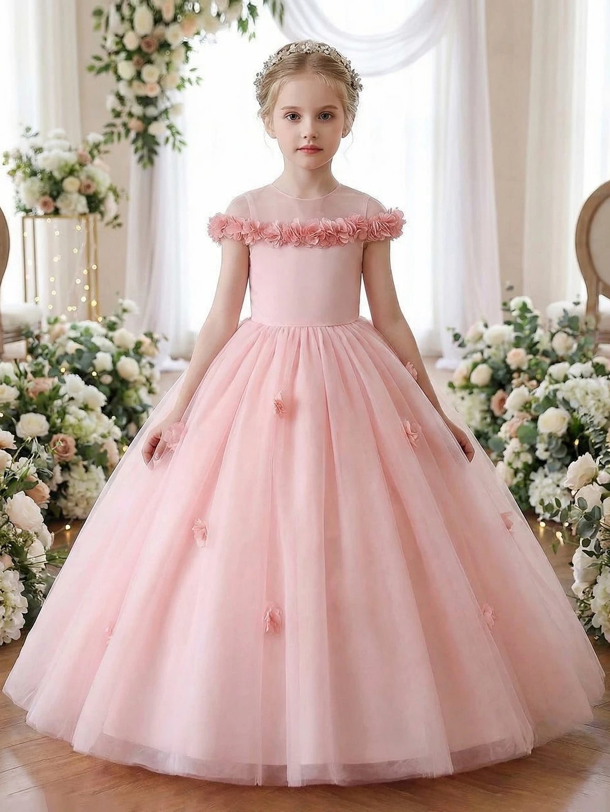 Robe de princesse florale pour adolescentes, ornée de fleurs 3D, confectionnée en tulle luxueux, idéale pour les fêtes et les mariages