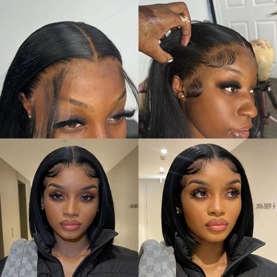 Perruques Lace Frontal 13x4 ultra-lisses, coupe courte bob, pré-épilées, avec dentelle transparente 4x4, 100% cheveux humains brésiliens, 12, 14, 16 pouces