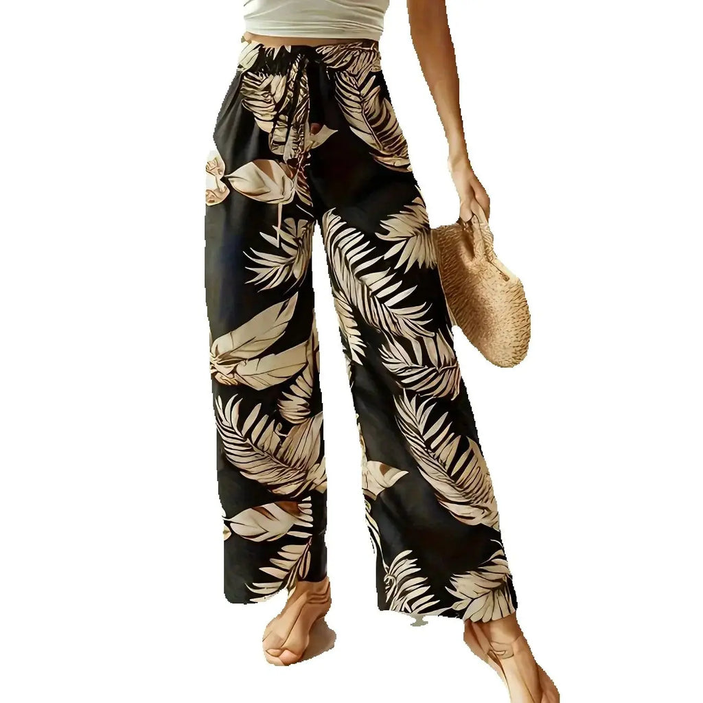 Style bohème décontracté et élégant, coupe large, taille élastique, imprimé feuilles, ample et confortable