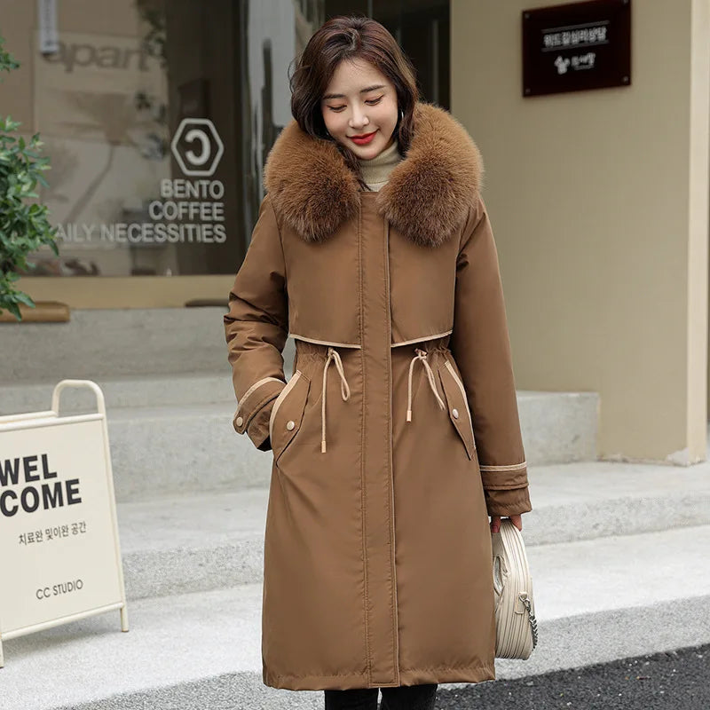 Parkas d'hiver doublés de coton coréen pour femmes, col en fausse fourrure, vestes à capuche, manteau rembourré en coton chaud, coupe-vent féminin, 2023