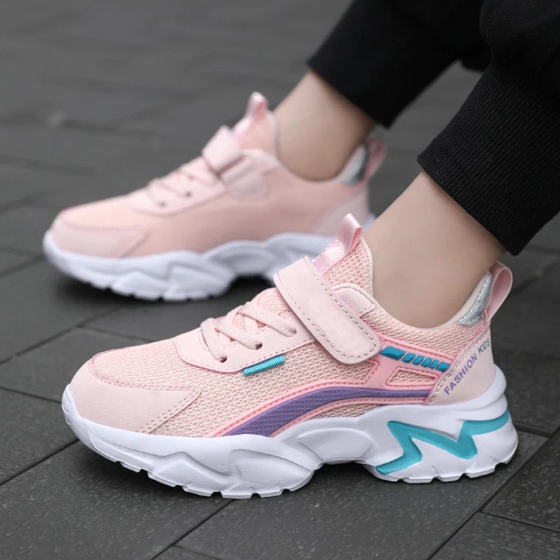 Superbes baskets roses pour filles, respirantes, en maille, plates, pour le sport, chaussures décontractées pour enfants, pour l'école, la marche, antidérapantes