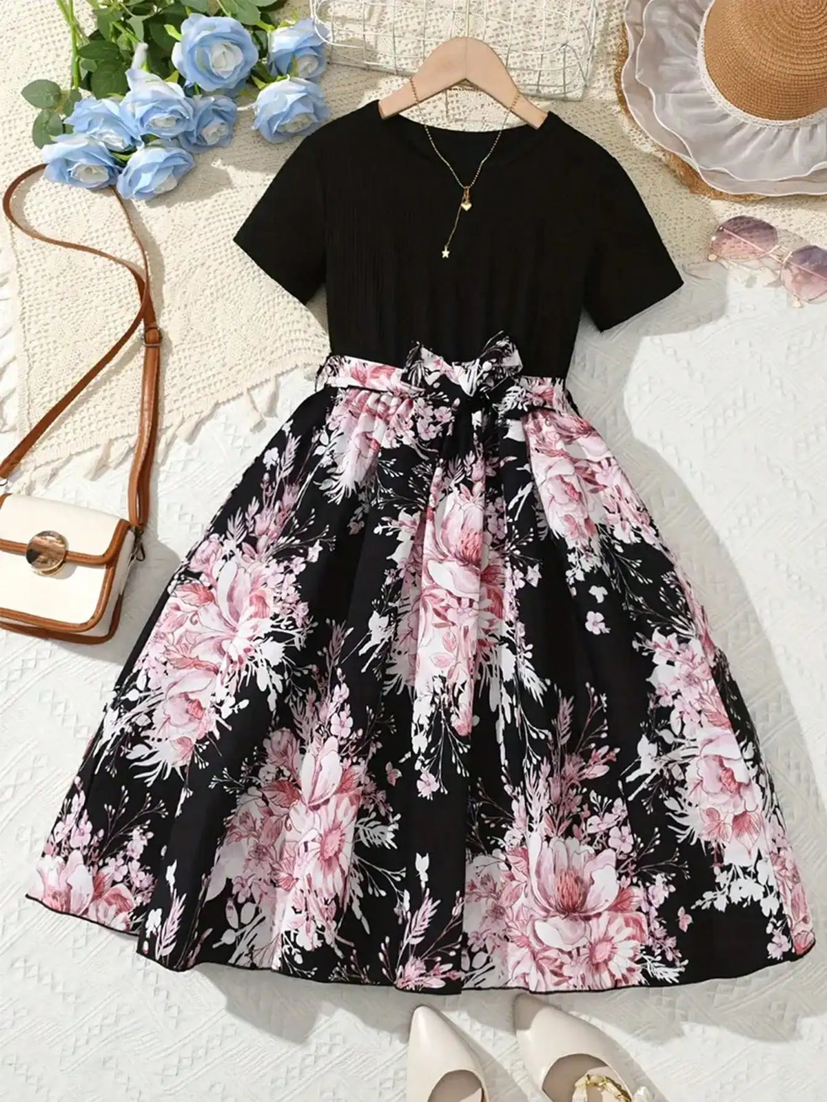 Robe décontractée à manches courtes pour fille, motif floral patchwork, couleur unie, col rond, cadeau d'été