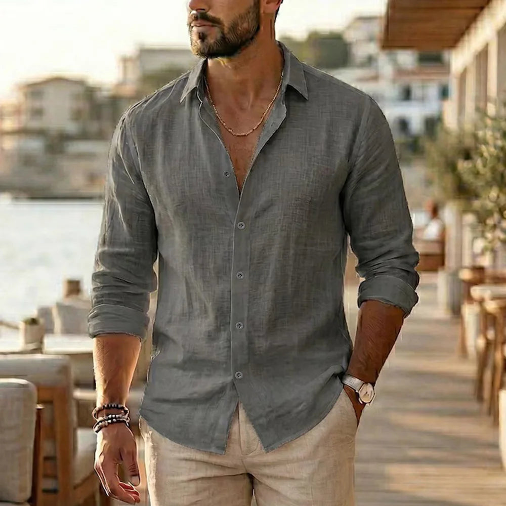 Chemise à manches longues pour hommes, en coton et lin, confortable, légère, style vacances, coupe ample, col à revers, chemises décontractées pour tous les jours