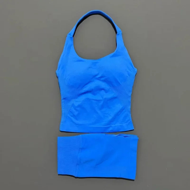 Ensemble de sport 2 pièces pour femme : débardeur long à bretelles rembourré et short de sport sans couture pour le yoga, le fitness et la course à pied