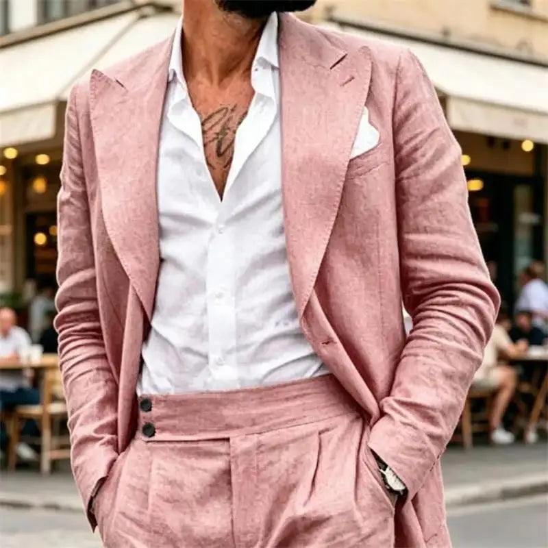 Ensemble de costume en lin 2 pièces pour homme – Coupe ajustée décontractée légère pour l'été – Blazer et pantalon pour la plage, mariage, bal de promo, soirée