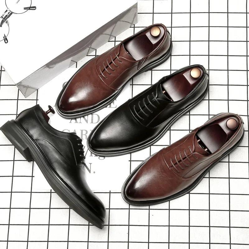 Hommes bout pointu à lacets chaussures habillées hommes semelle épaisse affaires chaussures en cuir décontracté britannique en cuir souple hommes chaussures de mariage de luxe