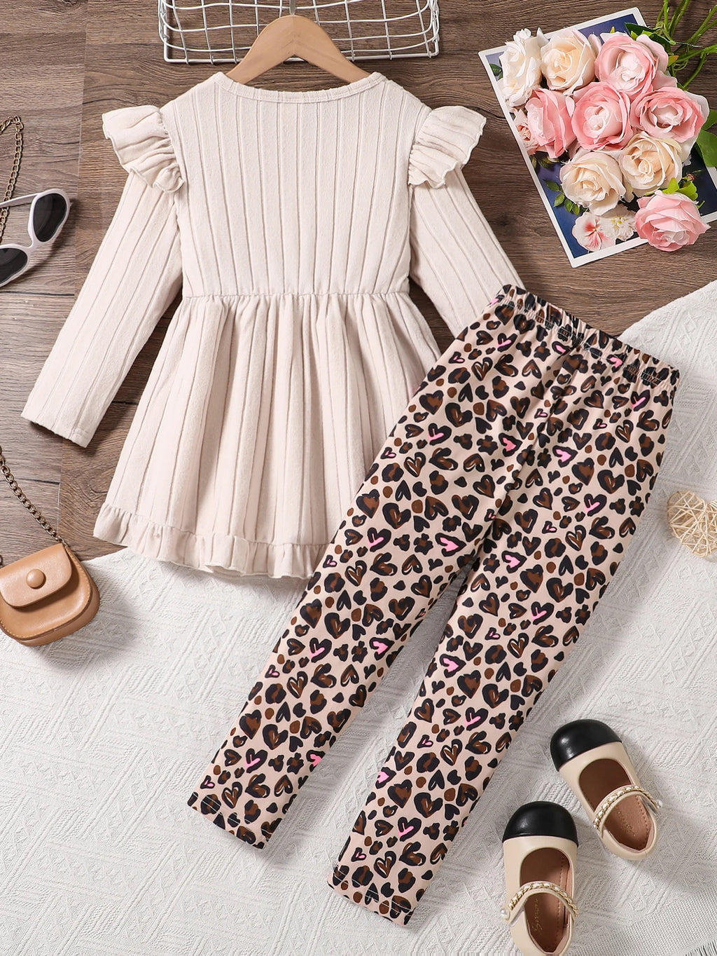 Printemps automne filles mignon mode vêtements de sport abricot tricoté à volants haut à manches longues + dessin animé imprimé complet taille élastique pantalons décontractés ensemble