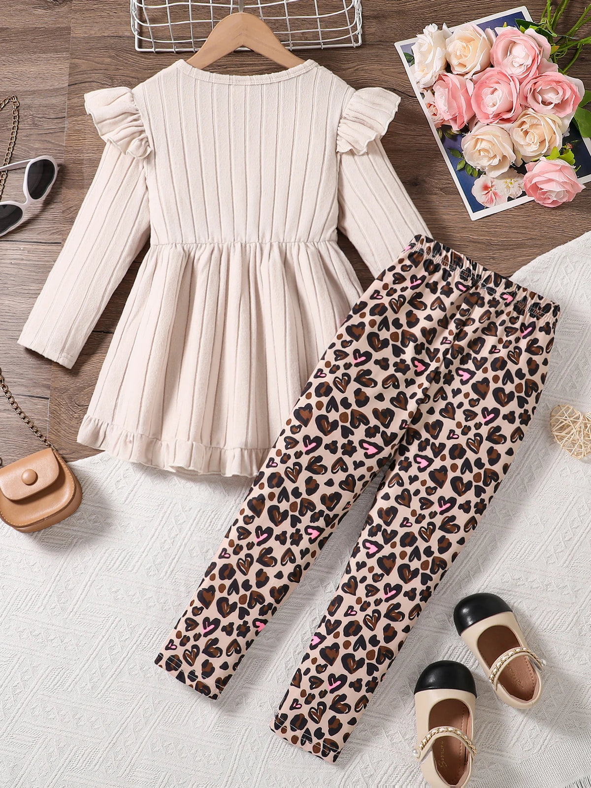 Printemps automne filles mignon mode vêtements de sport abricot tricoté à volants haut à manches longues + dessin animé imprimé complet taille élastique pantalons décontractés ensemble