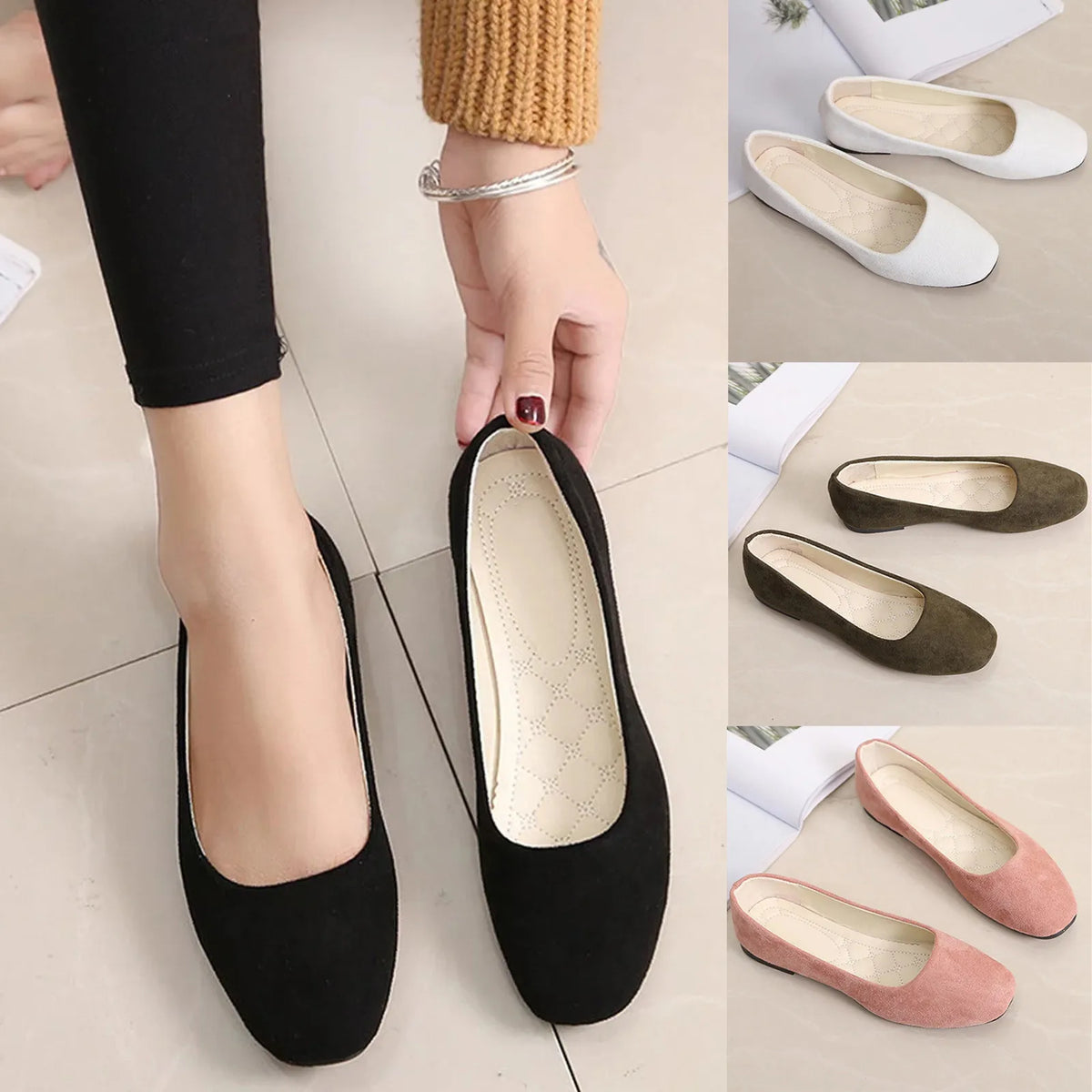 Mocassins en daim à talon plat pour femmes, chaussures peu profondes, printemps, été, carré, Parker, basique, concis, escarpins, taille 36-43