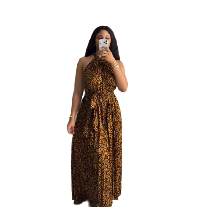Robe longue pour femme, style Y2K, imprimé léopard, streetwear, sans manches, col halter, laçage, taille ajustée, élégante, pour soirée, sexy, 2026