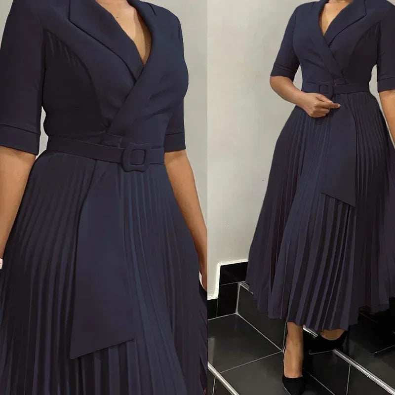 Robe de bureau plissée pour femmes, vêtements d'été élégants, col cranté, demi-manches, ceinture, taille moyenne, nouvelle collection