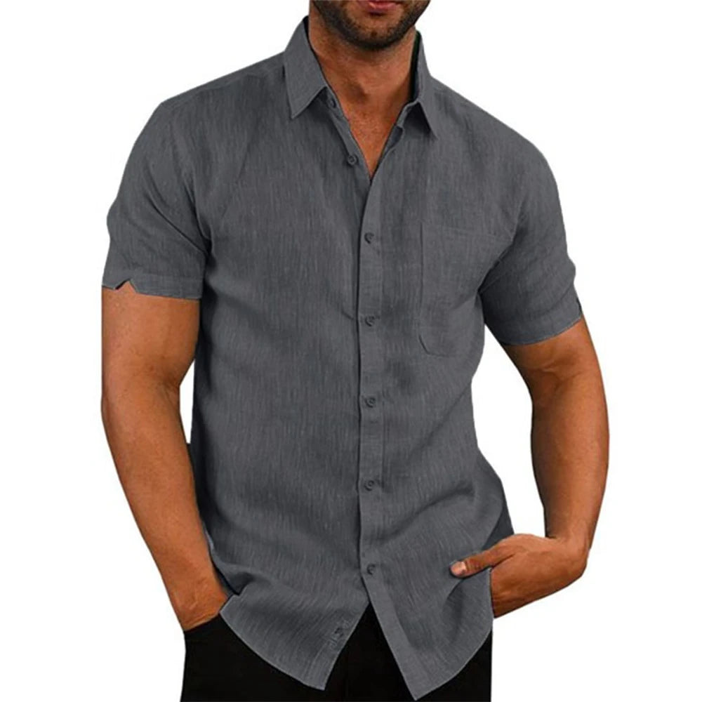 Chemises à manches courtes pour hommes, en coton et lin, couleur unie, col rabattu, décontracté, Style de plage, grande taille, offre spéciale, été