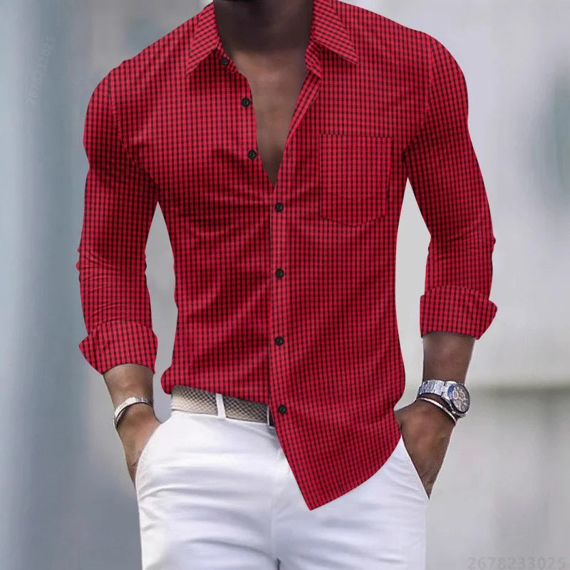 Chemise pour hommes 13 couleurs, chemise à manches longues à carreaux bleu clair et blanc, haut pour hommes coupe slim, décontracté, d'affaires et de déplacement.