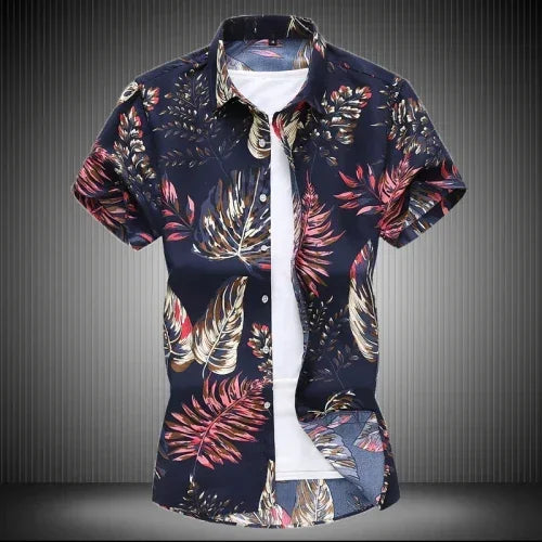 Chemise imprimée pour hommes, chemises de plage à manches courtes col carré simple boutonnage noir violet Camisa taille asiatique M-7XL