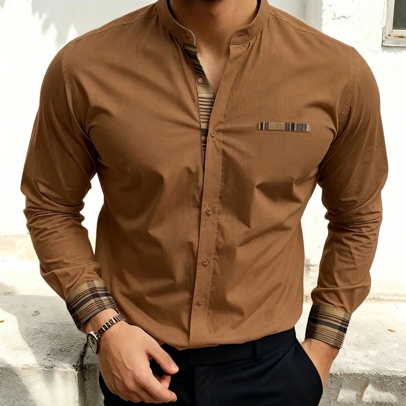 Chemise blanche à col montant pour homme, nouvelle collection, avec coutures à carreaux rétro, texture légère et luxueuse, haut à manches longues style business casual, tailles XS-6XL