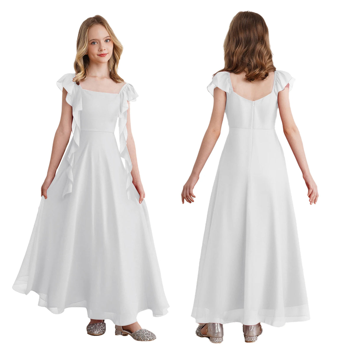 Robes de demoiselle d'honneur junior pour adolescentes, robe à fleurs, bretelles à volants, en mousseline de soie, robe d'été formelle pour fête de mariage, spectacle, Banquet