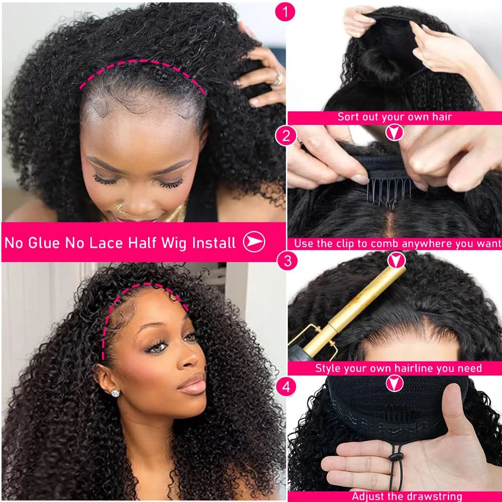 Demi-perruque bouclée profonde cheveux humains sans colle perruque cheveux humains prêt à porter 3 en 1 demi-perruque cordon Jerry bouclés demi-perruque sans colle