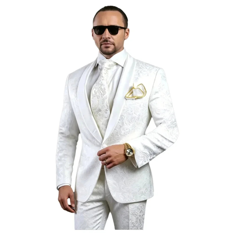Costume deux pièces blanc à imprimé floral pour homme, veste et pantalon, pour garçons d'honneur, mariage, cocktail, soirée formelle, smoking de marié