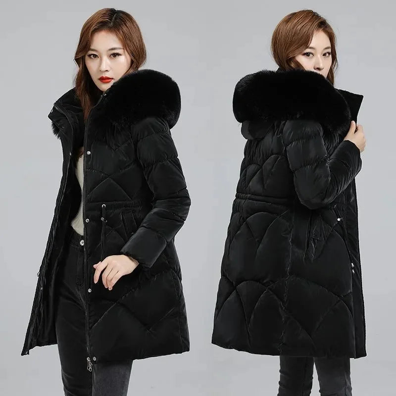 Veste longue en duvet Ctton pour femme avec ceinture, Parka optique blanche, à lacets, mince, haut de gamme, hiver, nouveau, 2023