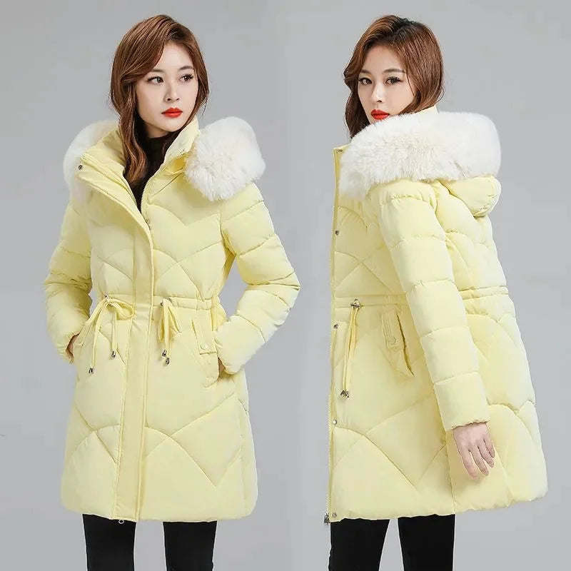 Veste longue en duvet Ctton pour femme avec ceinture, Parka optique blanche, à lacets, mince, haut de gamme, hiver, nouveau, 2023
