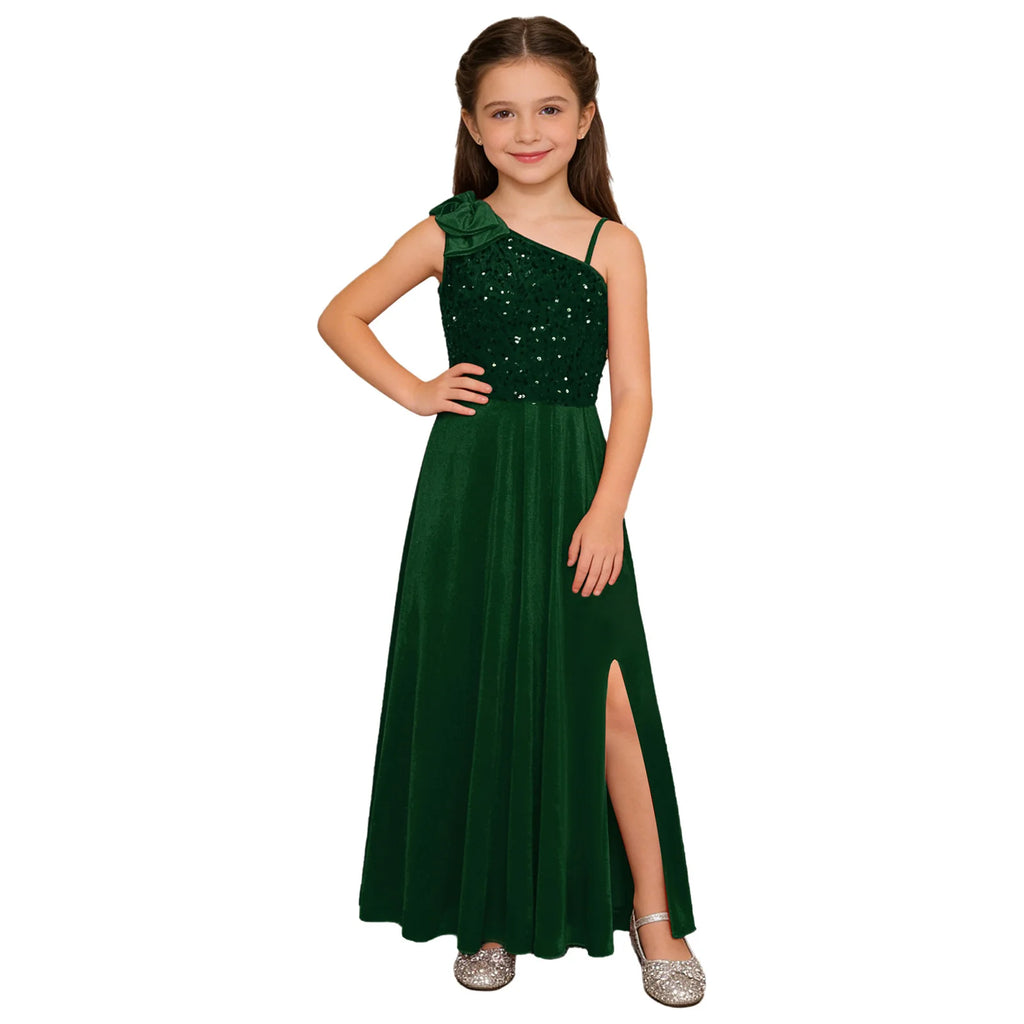 Robe de Demoiselle d'Honneur Junior Élégante pour Filles, Robe de Fille d'Honneur à Une Épaule Fendue avec Fleur pour Mariage, Fête, Costume Festif, Robes pour Enfants
