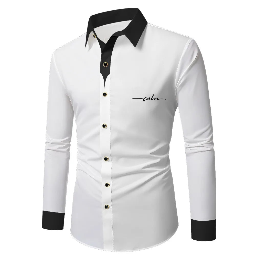 Chemise Homme FGKKS – Nouvelle Collection Imprimée Tendance, Style Décontracté Chic, Manches Longues, Patchwork, Micro-Élastique, Blanche
