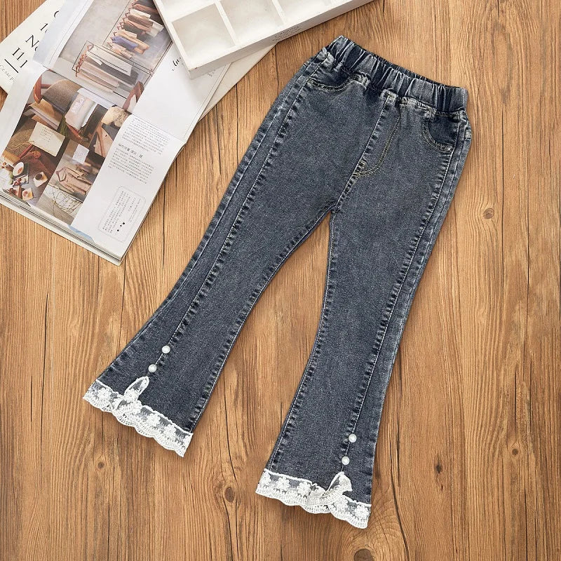 Jeans pour filles de 3 à 12 ans, pantalons longs en dentelle, à la mode, doux, avec nœud coréen, évasé, amples, décontractés, nouvelle collection 2024