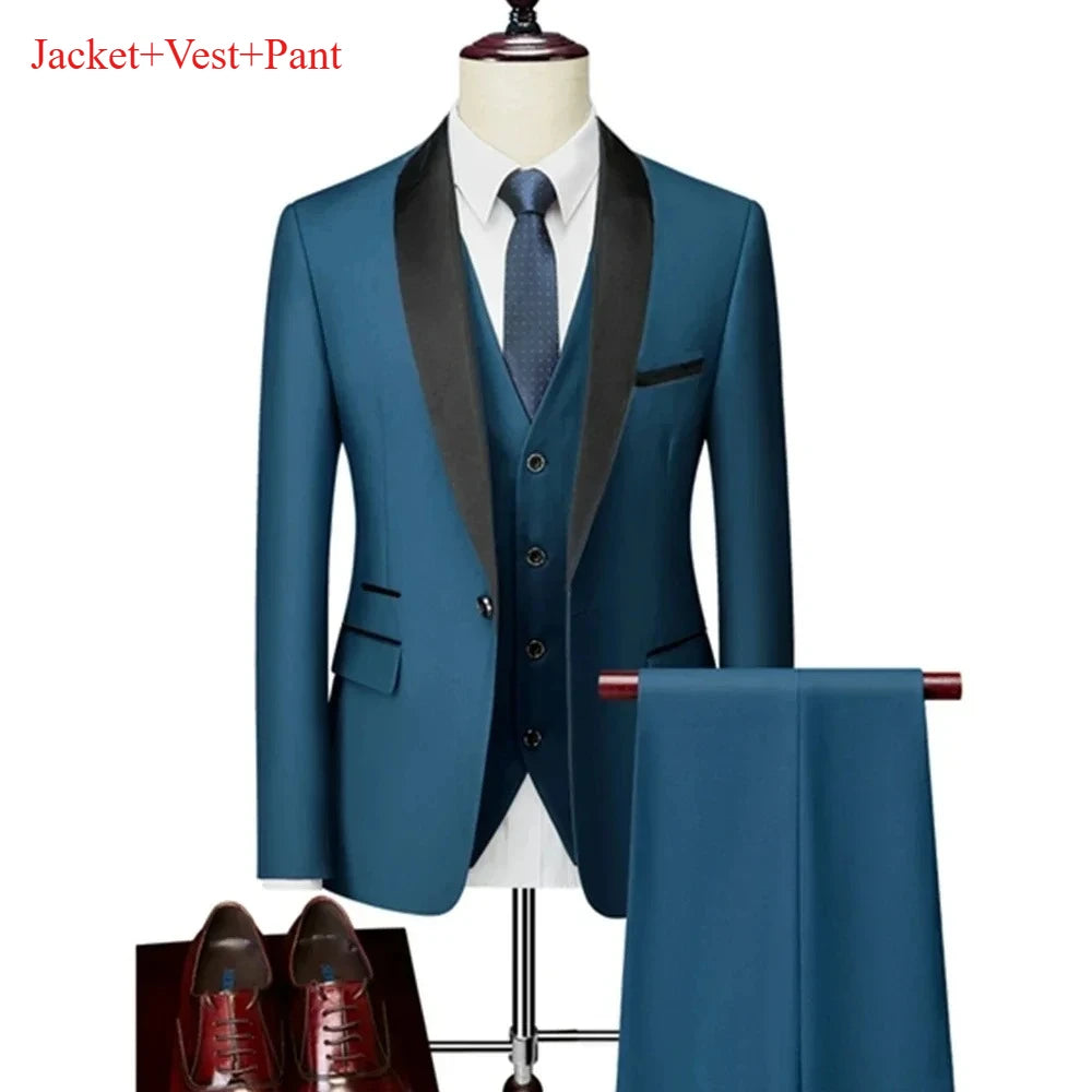 Ensemble de costume noir à revers pour hommes, manteau, gilet, pantalon/affaires pour garçons d'honneur, robe de mariée, pantalon Blazer Fprmal